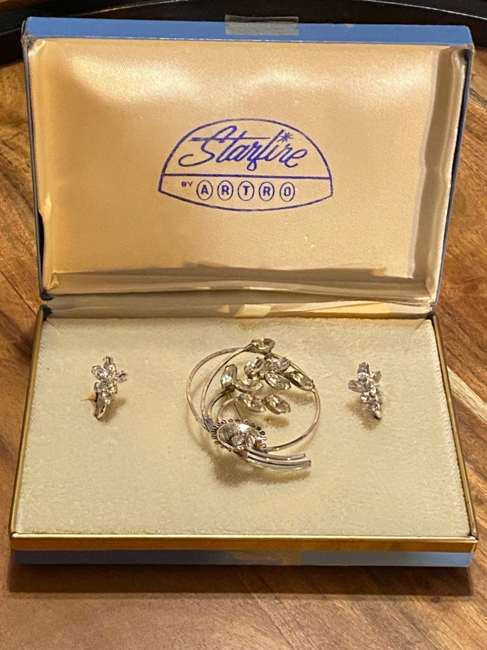 Vintage Sterling Silver faceted rhinestone brooch & screw on earring set